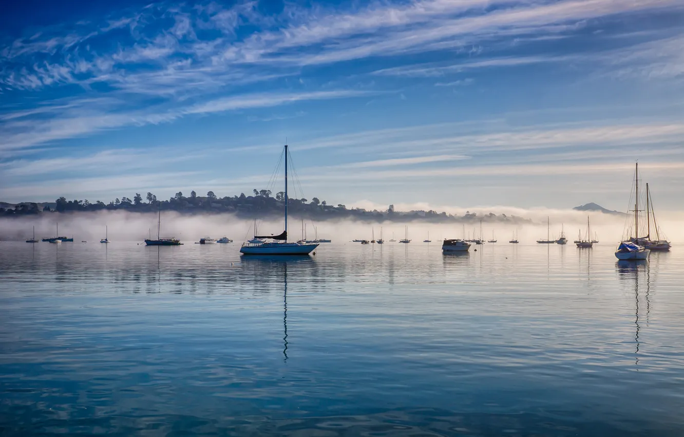 Photo wallpaper the sky, fog, boat, Bay, morning, yacht