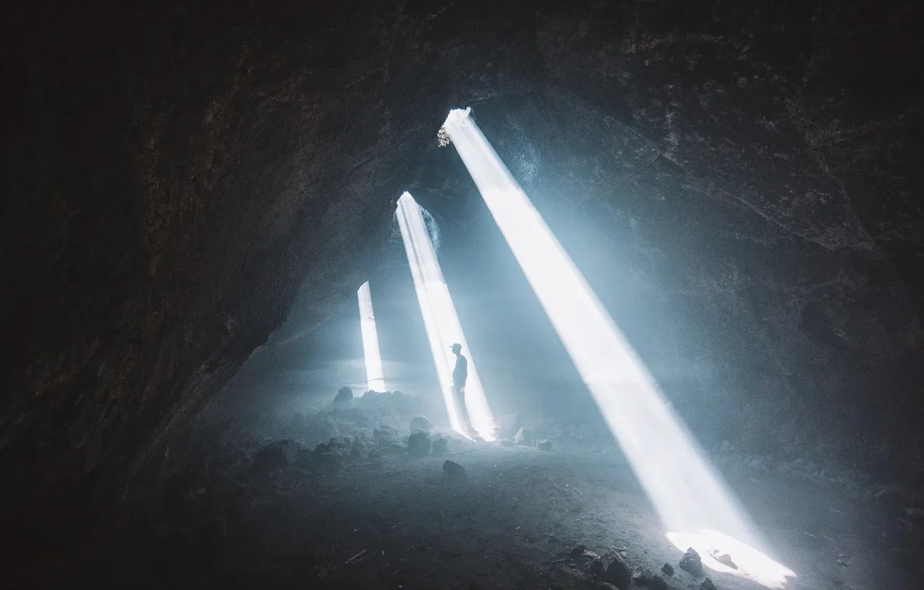 Photo wallpaper light, rocks, people, cave