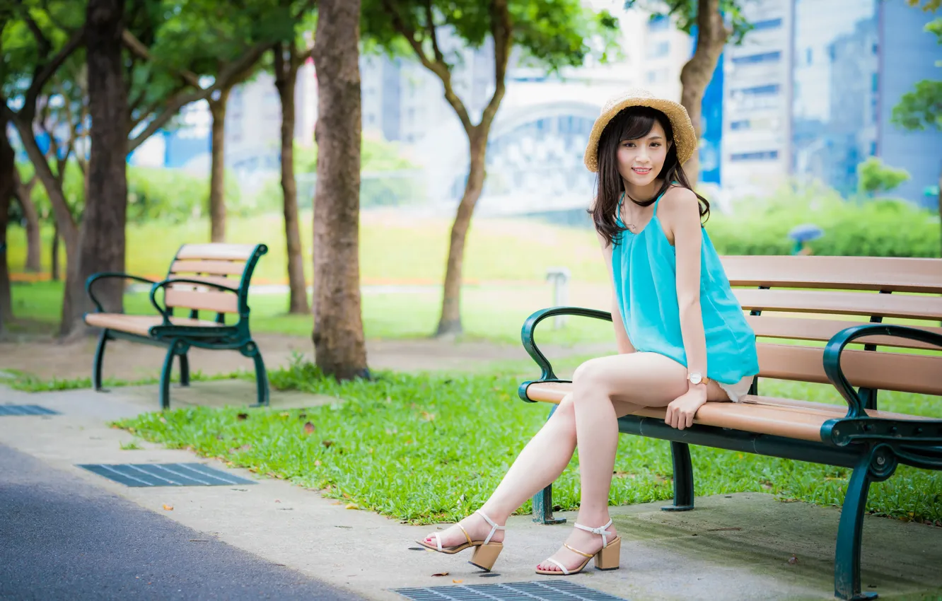 Photo wallpaper girl, Park, hat, legs, Asian, cutie, bench, bokeh