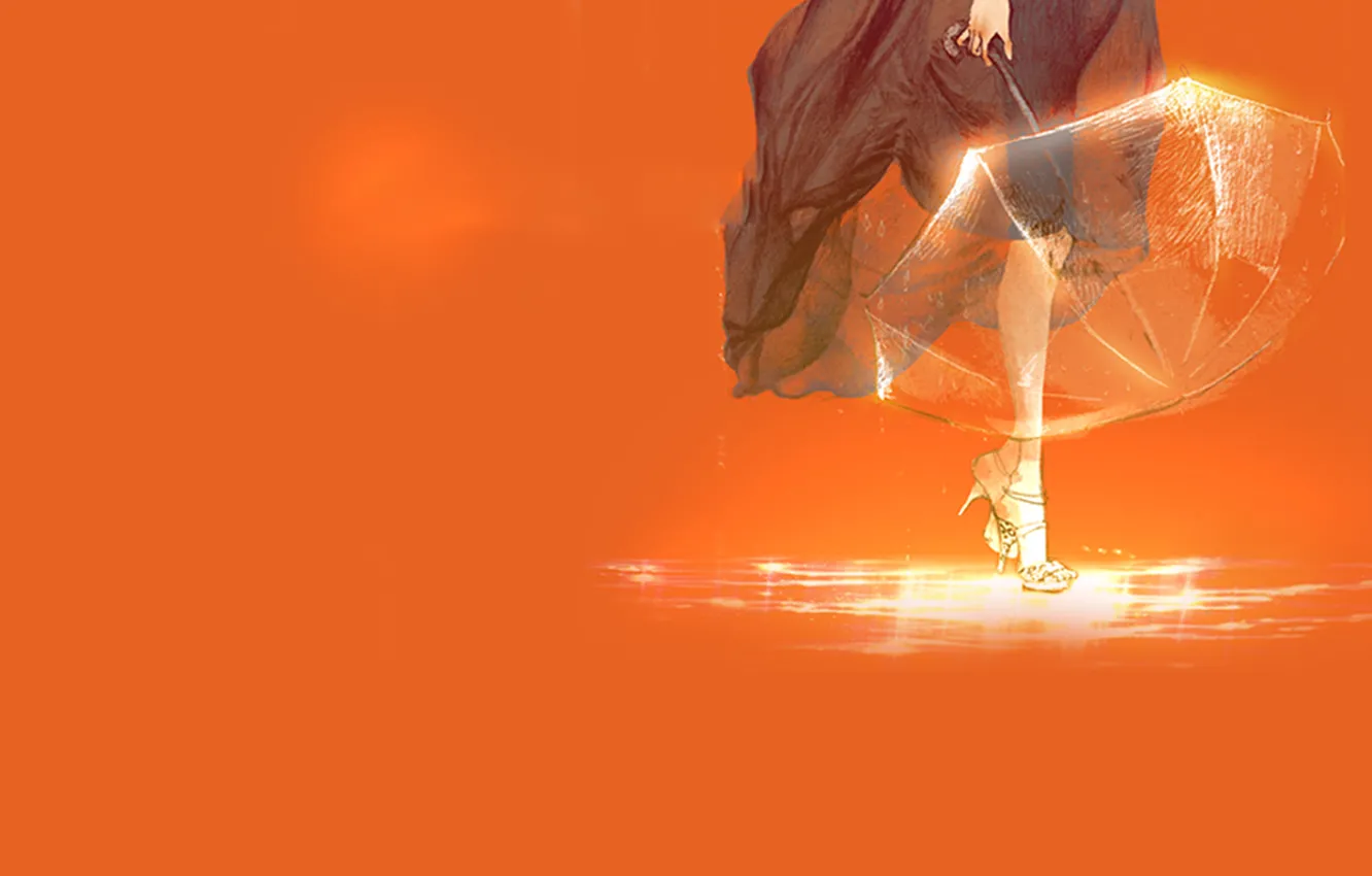 Photo wallpaper girl, drops, feet, umbrella, puddle, sun glare