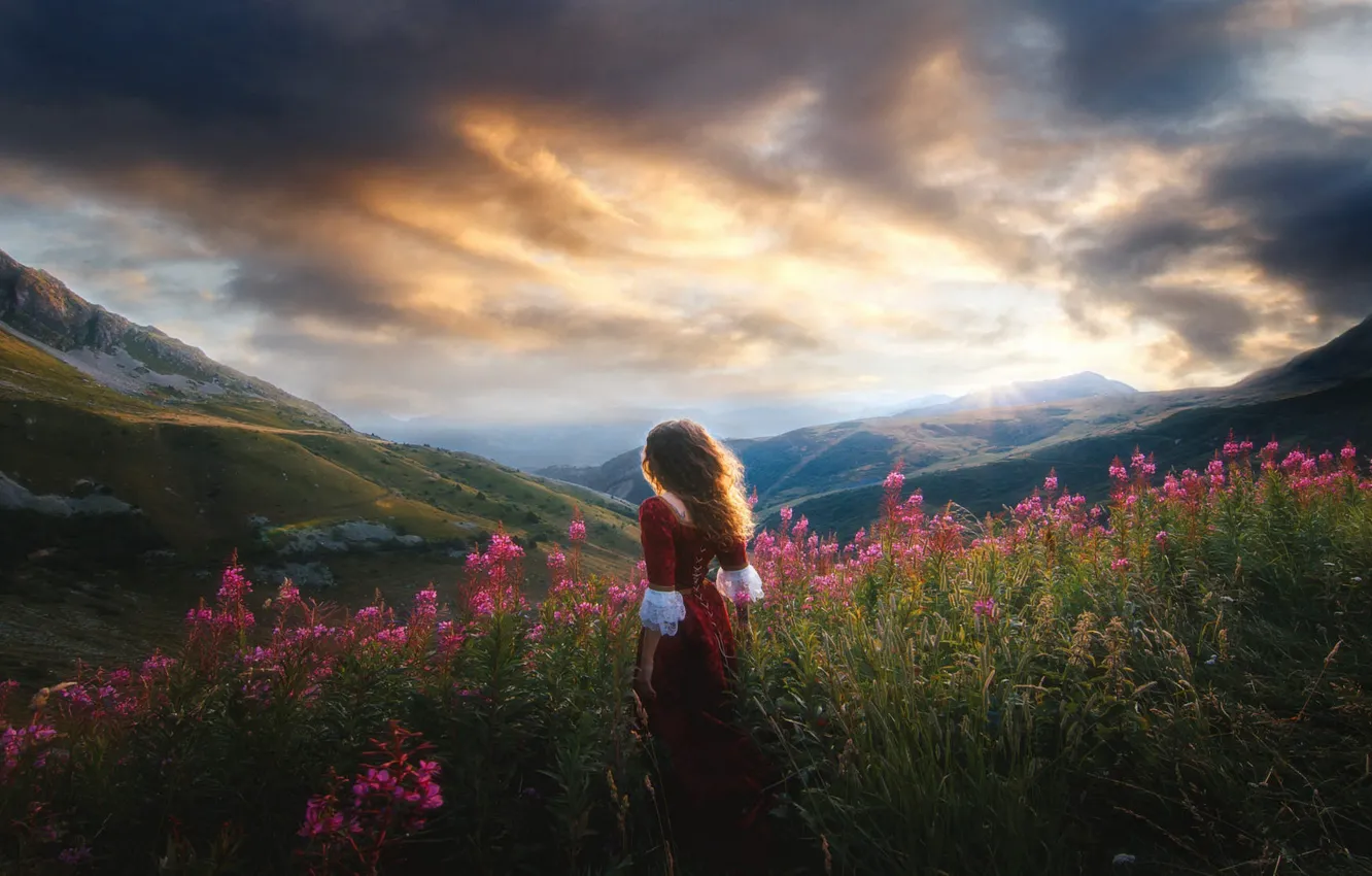Photo wallpaper the sky, girl, landscape, nature, romance, dal, dress, long hair