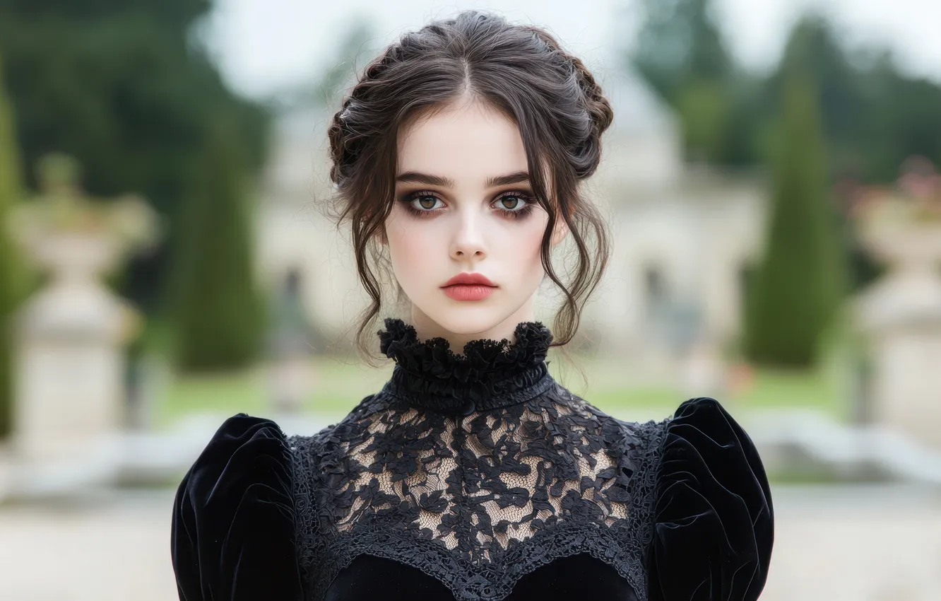 Photo wallpaper look, girl, face, Park, portrait, makeup, brunette, hairstyle