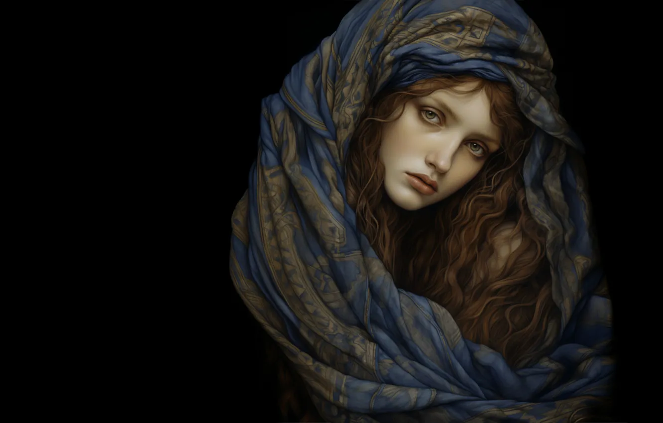 Photo wallpaper look, girl, portrait, scarf, black background, shawl, long hair, Cape