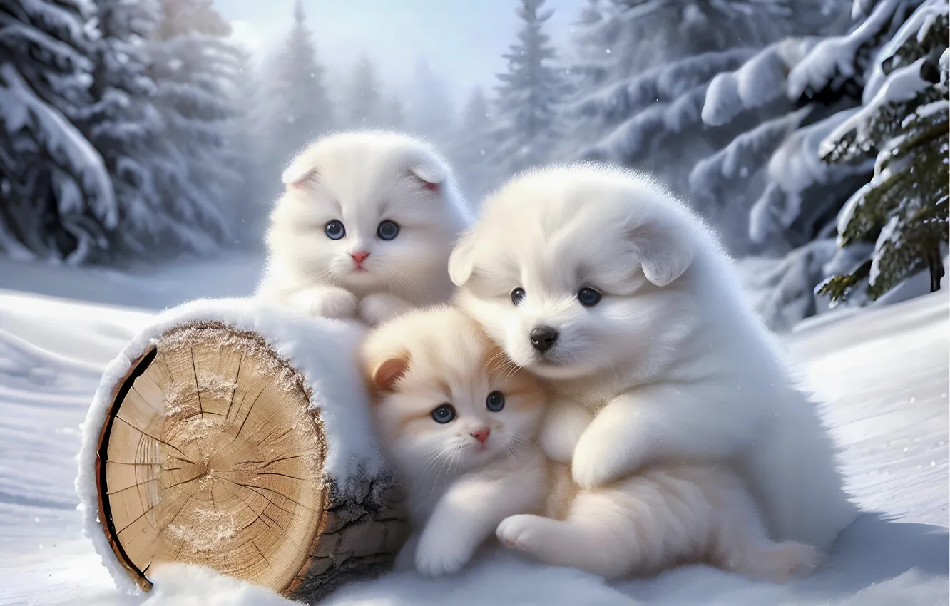 Photo wallpaper winter, forest, cat, white, snow, branches, nature, fog