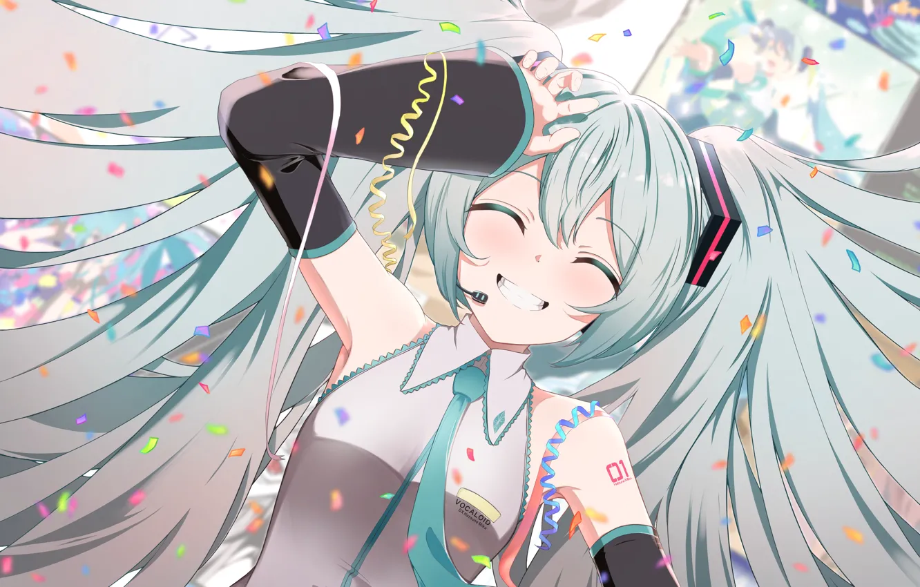Photo wallpaper girl, smile, vocaloid, hatsune miku, cofetti