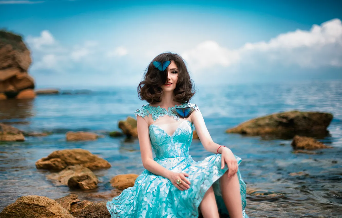 Photo wallpaper sea, dress, girl, photo, Dmitriy Inko, Maryam, butterfly