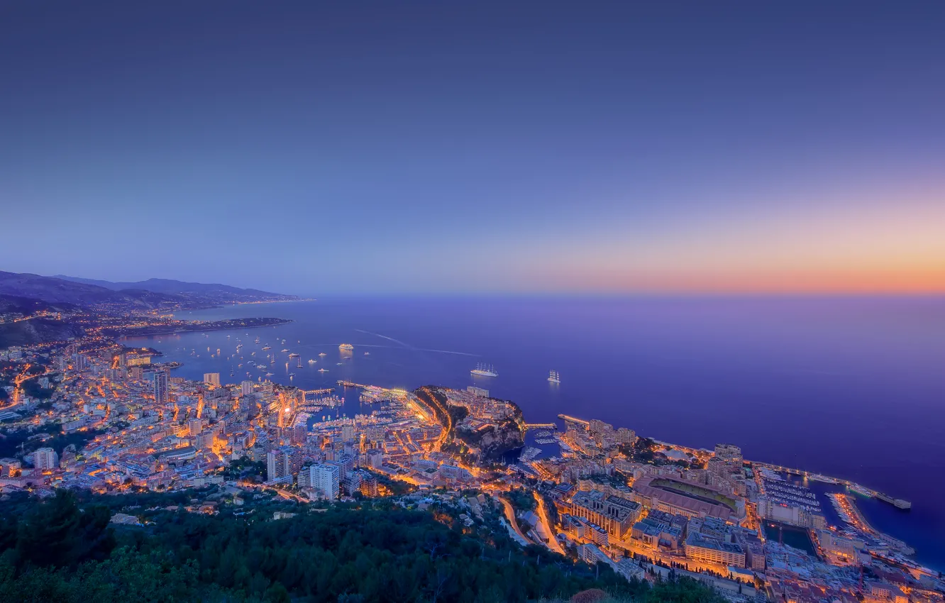 Photo wallpaper sea, sunset, lights, coast, building, ships, Monaco