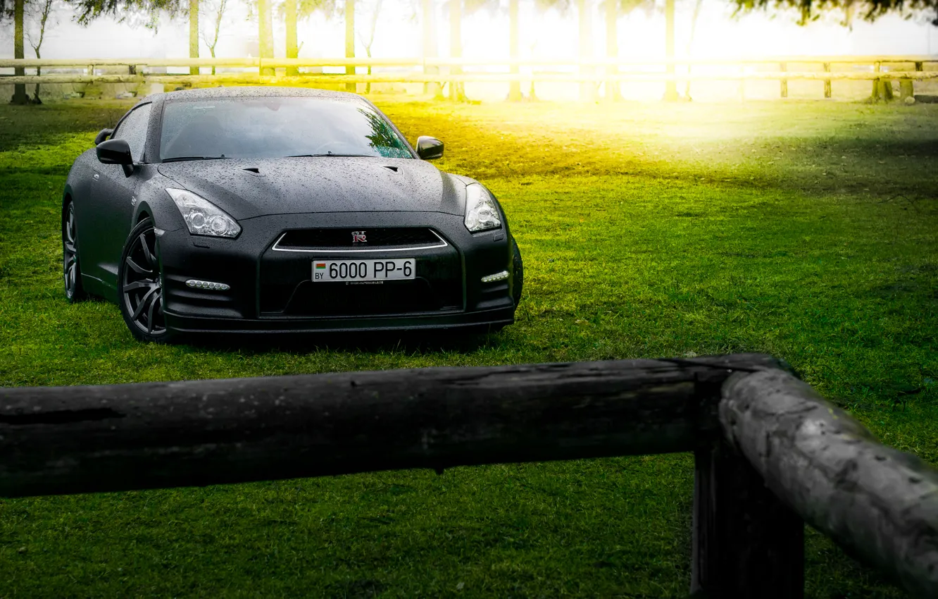 Photo wallpaper GTR, Japan, Nissan, Car, Front, Black, Sun, Matte