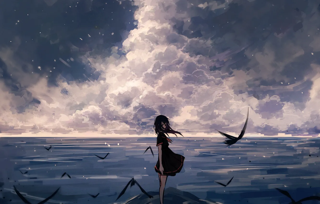 Photo wallpaper loneliness, the wind, schoolgirl, cloudy sky, by Axle, rainy day, black birds, on the seashore