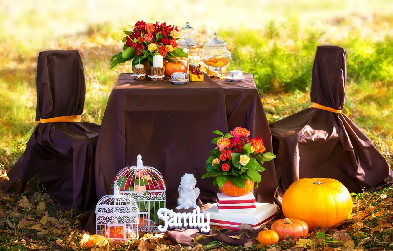 Photo wallpaper autumn, grass, leaves, flowers, coffee, roses, candles, picnic