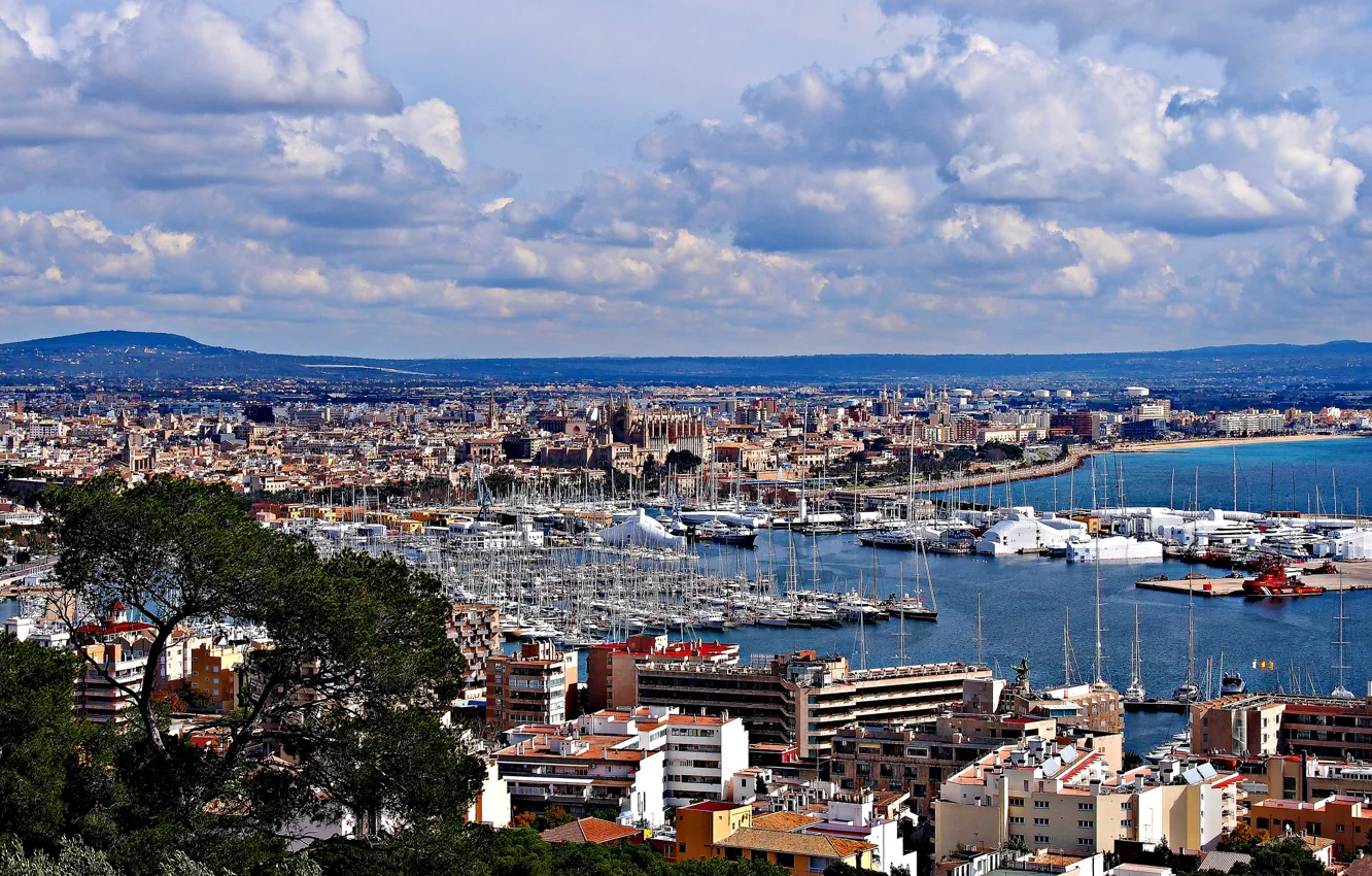 Photo wallpaper sea, the sky, home, Bay, port, Spain, Palma de Mallorca