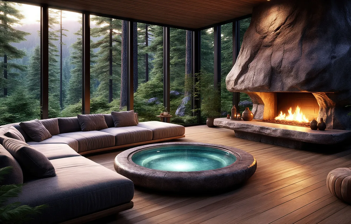 Photo wallpaper fire, windows, stone, fireplace, panoramic