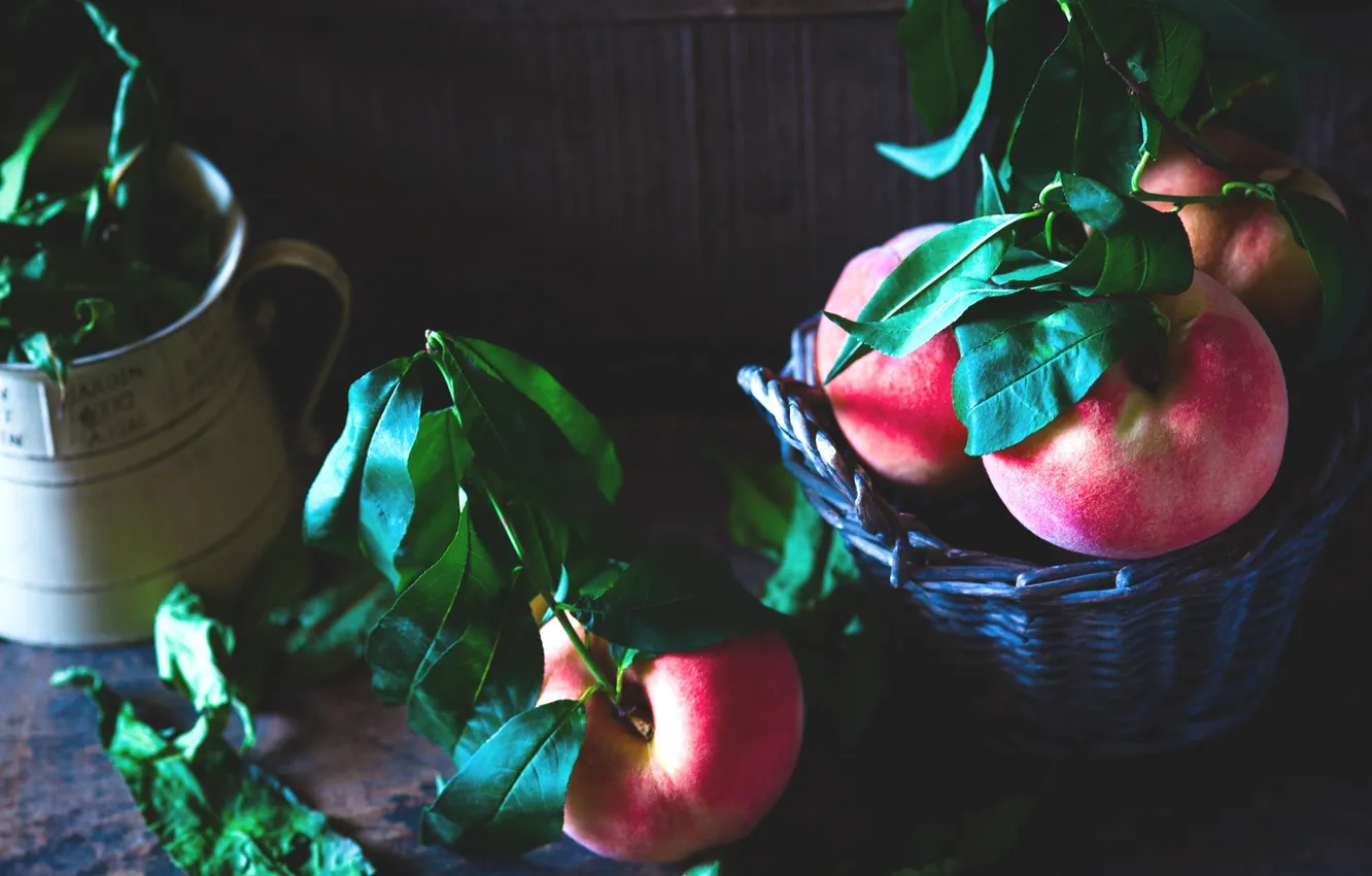 Photo wallpaper leaves, harvest, fruit, still life, peaches