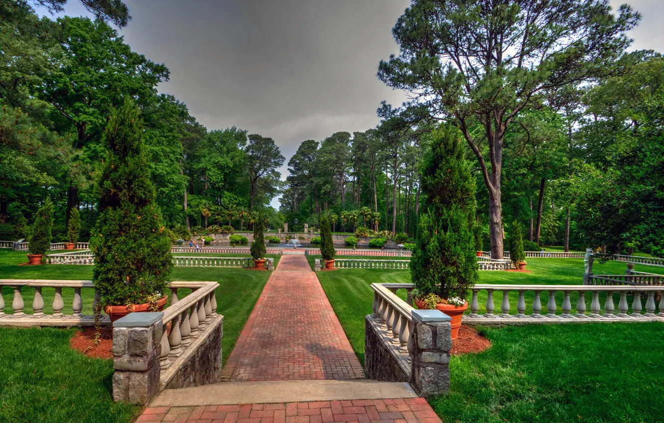 Photo wallpaper greens, trees, clouds, design, Park, lawn, USA, the sidewalk
