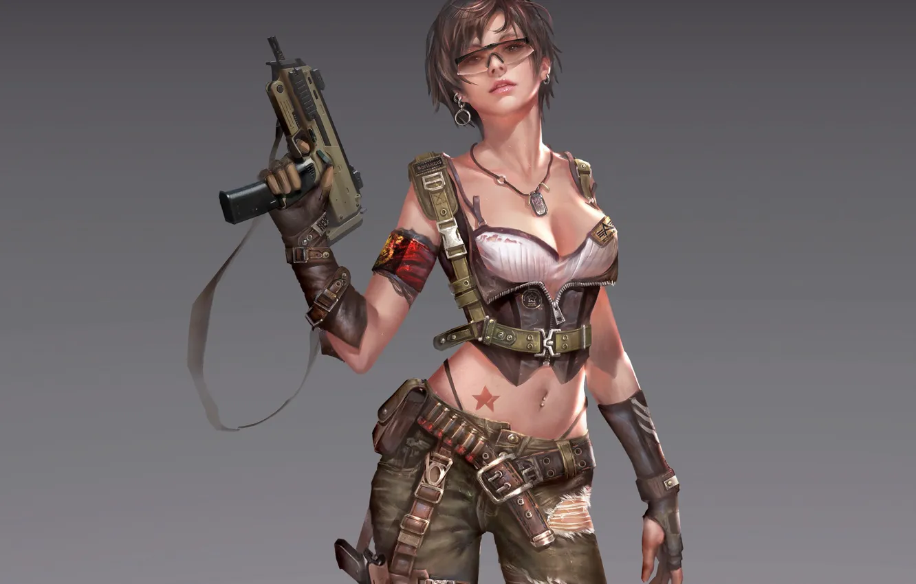 Photo wallpaper look, girl, pose, weapons, background, art, glasses, cartridges
