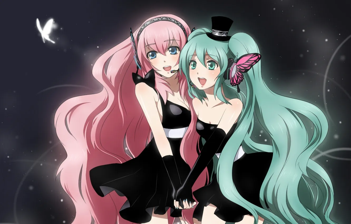 Photo wallpaper girl, butterfly, wings, headphones, art, microphone, hat, vocaloid