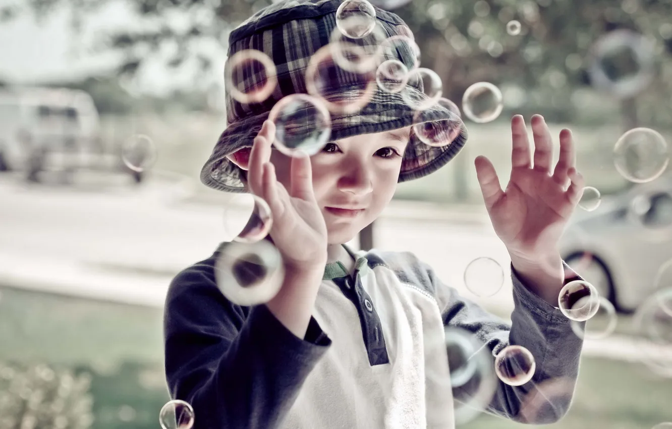 Photo wallpaper bubbles, mood, boy
