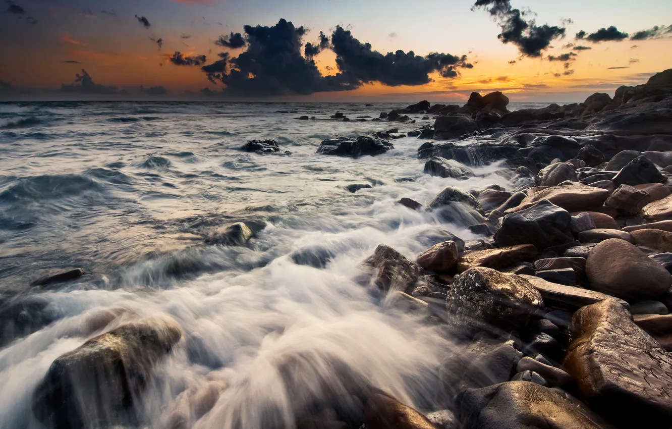 Photo wallpaper sea, the sky, stones, stream, the evening, washes