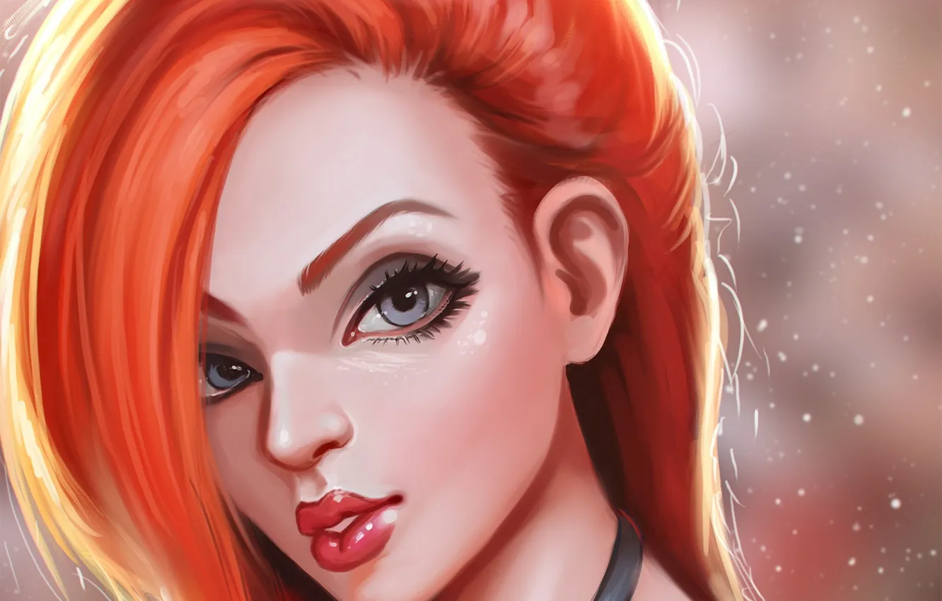 Photo wallpaper eyes, look, girl, hair, art, hairstyle, red