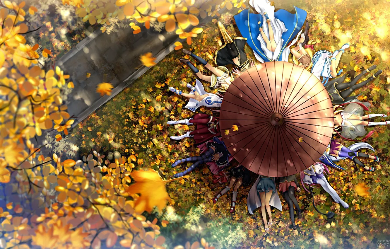 Photo wallpaper autumn, umbrella, anime, legs, heroes, falling leaves, Spring umbrella