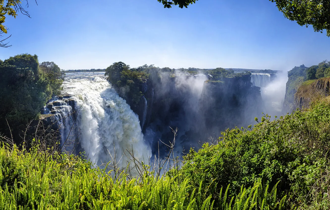Photo wallpaper greens, rocks, waterfall, Africa, Victoria Falls, Zimbabwe, the rapid flow