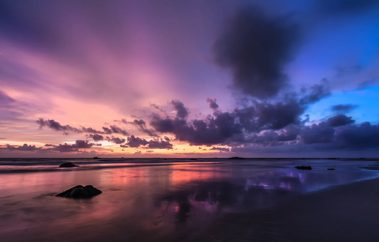 Photo wallpaper the sky, clouds, sunset, clouds, shore, the evening, Myanmar, Burma