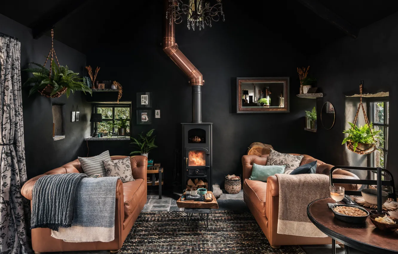 Photo wallpaper design, style, interior, fireplace, living room, in black, cozy and intimate living space, Cozy and …
