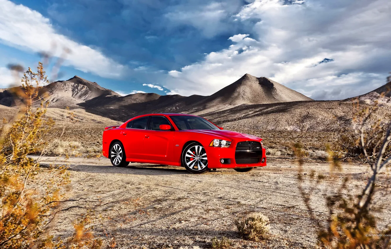 Photo wallpaper The sky, Red, Clouds, Auto, Mountains, Machine, Sedan, Dodge