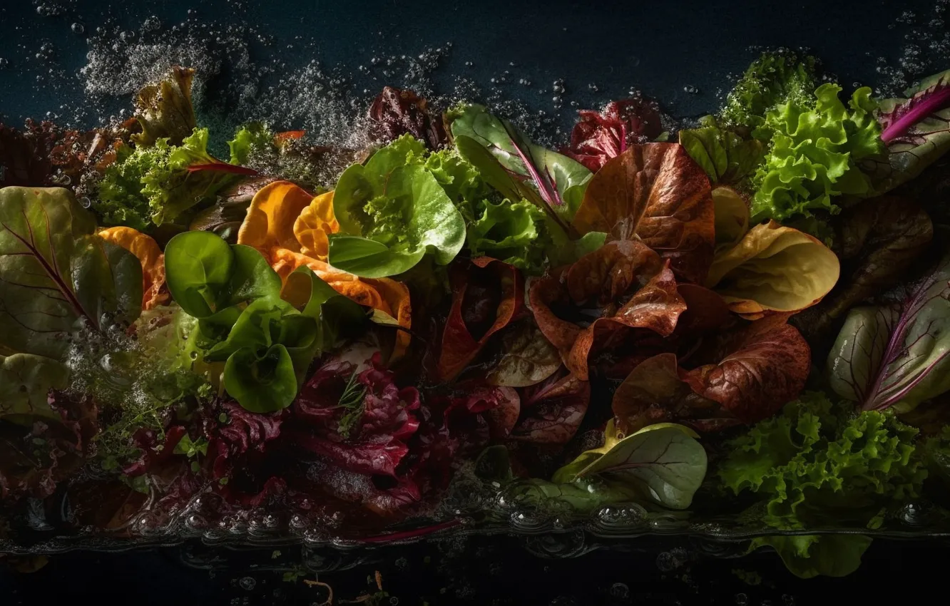 Photo wallpaper greens, leaves, water, drops, squirt, yellow, red, green