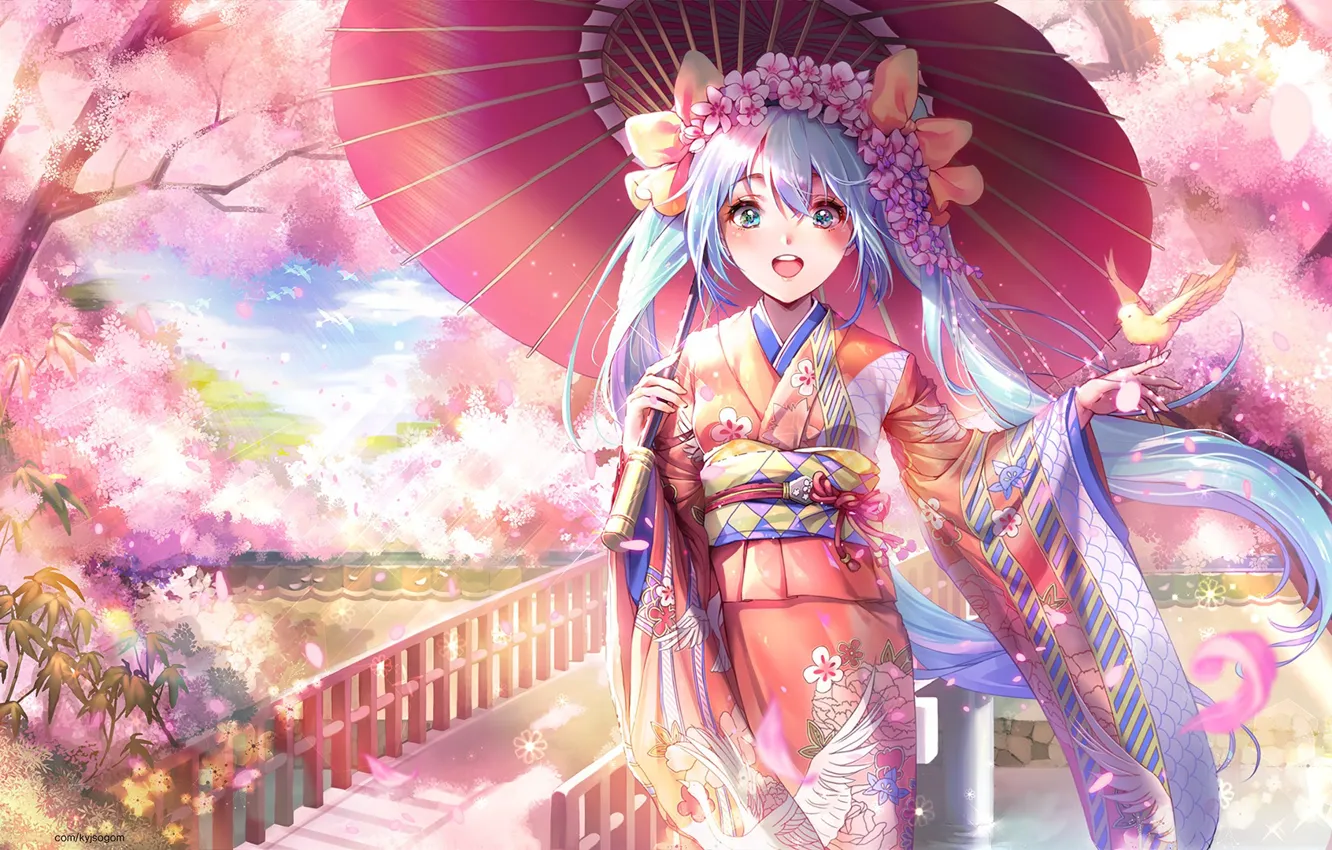 Photo wallpaper bridge, river, spring, umbrella, Japan, Sakura, railings, kimono