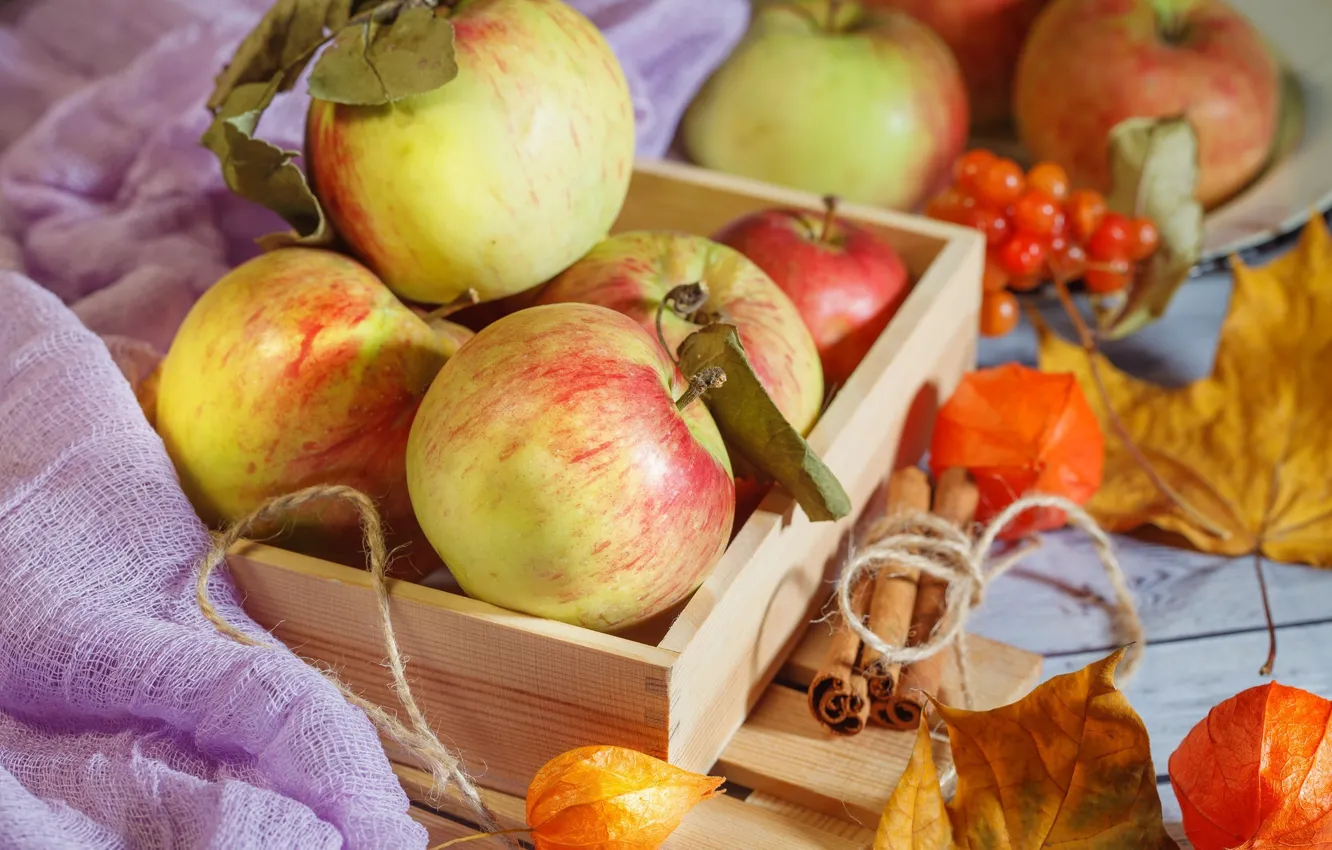 Photo wallpaper box, apples, box, cinnamon