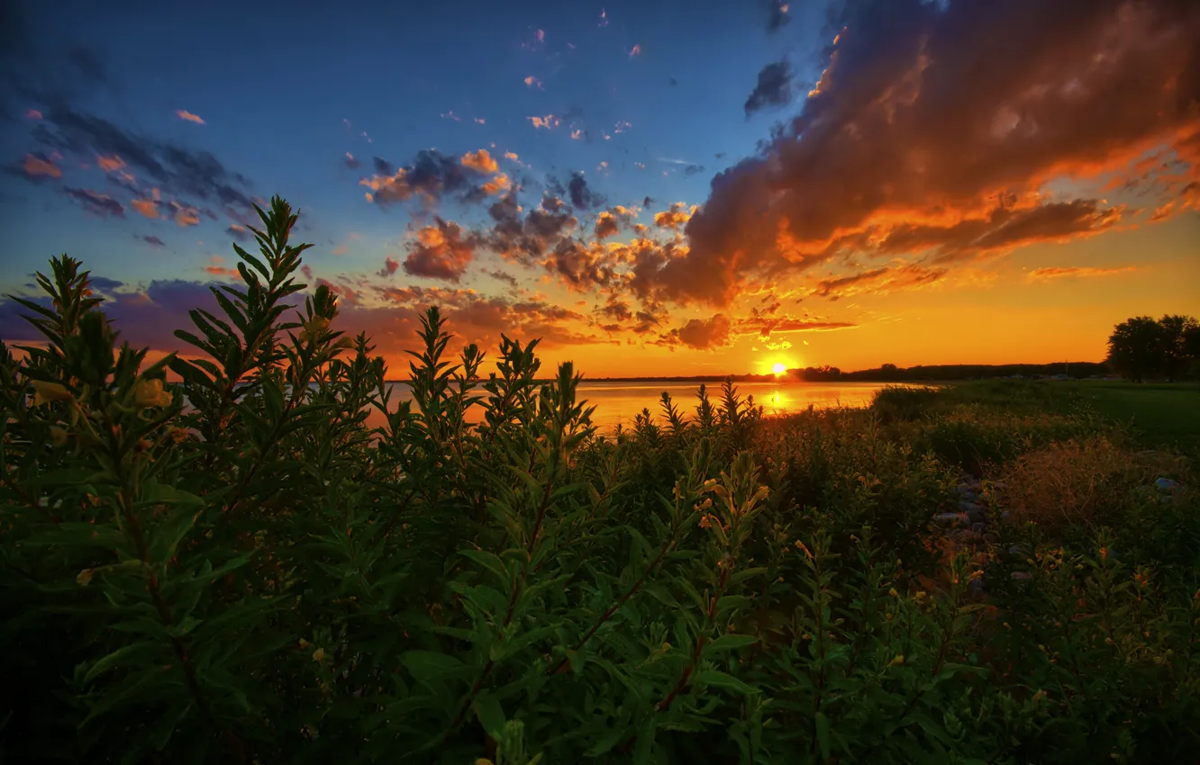 Photo wallpaper clouds, sunset, Michigan, Michigan, Lake St Clair, lake St. Claire