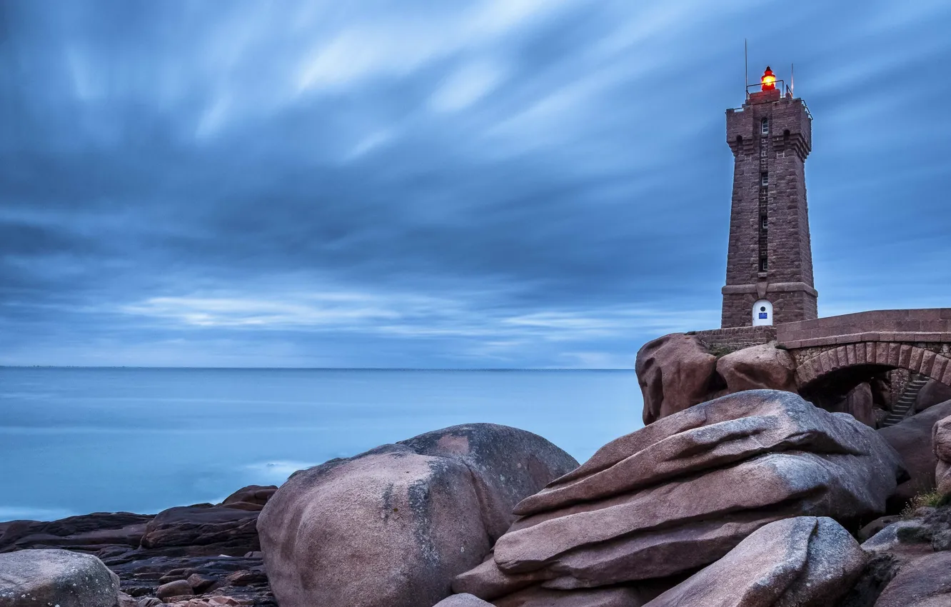 Photo wallpaper water, stones, shore, lighthouse, horizon