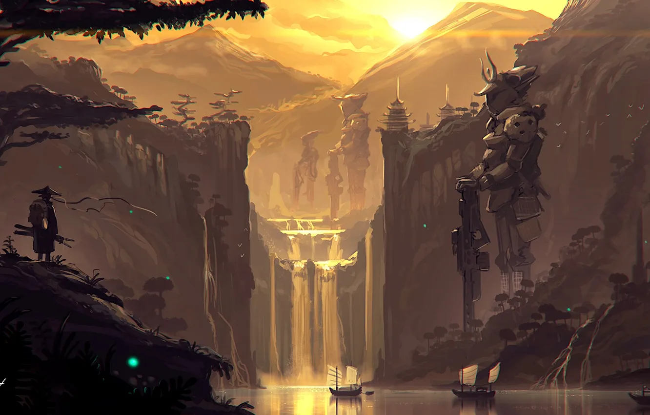 Photo wallpaper sword, fantasy, river, trees, sunset, katana, waterfall, samurai