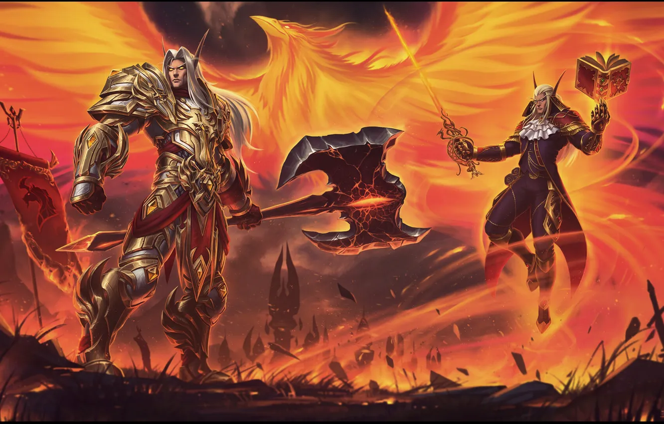 Photo wallpaper lights, flame, magic, elf, sword, armor, MAG, fire