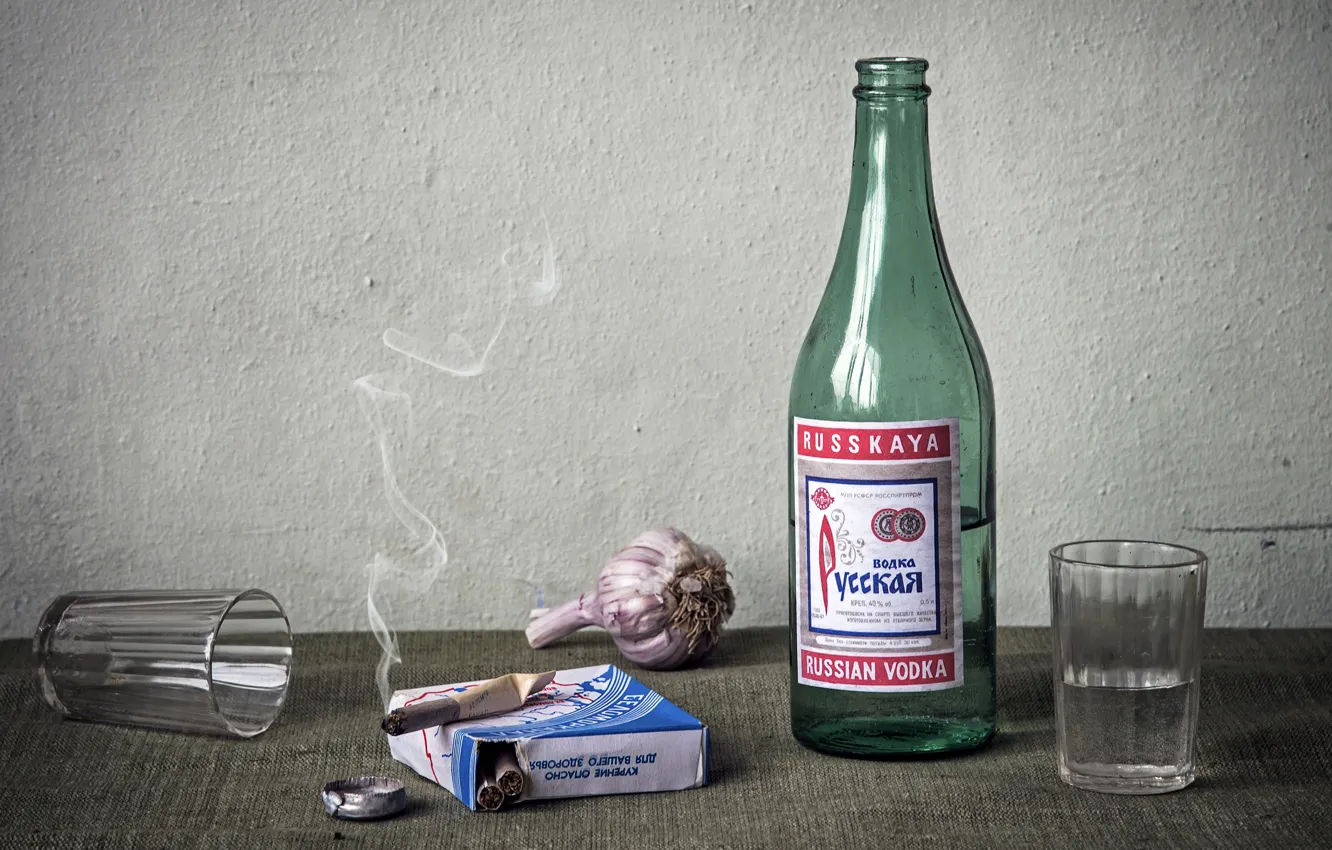 Photo wallpaper bottle, haze, still life, vodka, smoke, a cigarette, still life, cigarettes