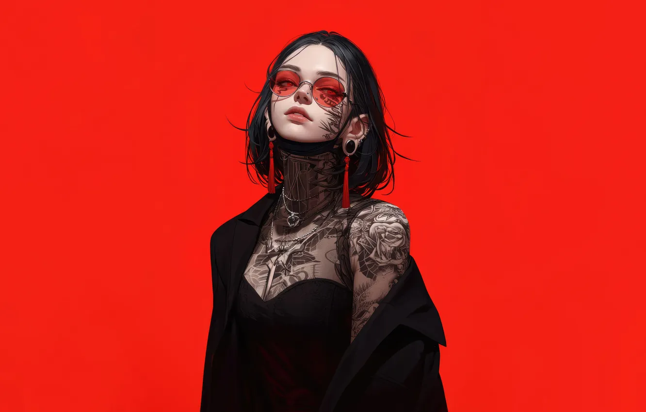 Photo wallpaper anime, art, red eyes, tattoo, red background, anime girl, AI Art, AI Generated