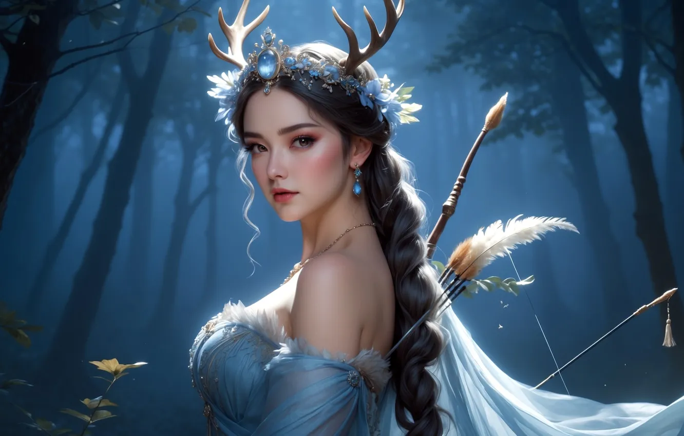 Photo wallpaper girl, fantasy, forest, horns, dress, trees, blue eyes, braid