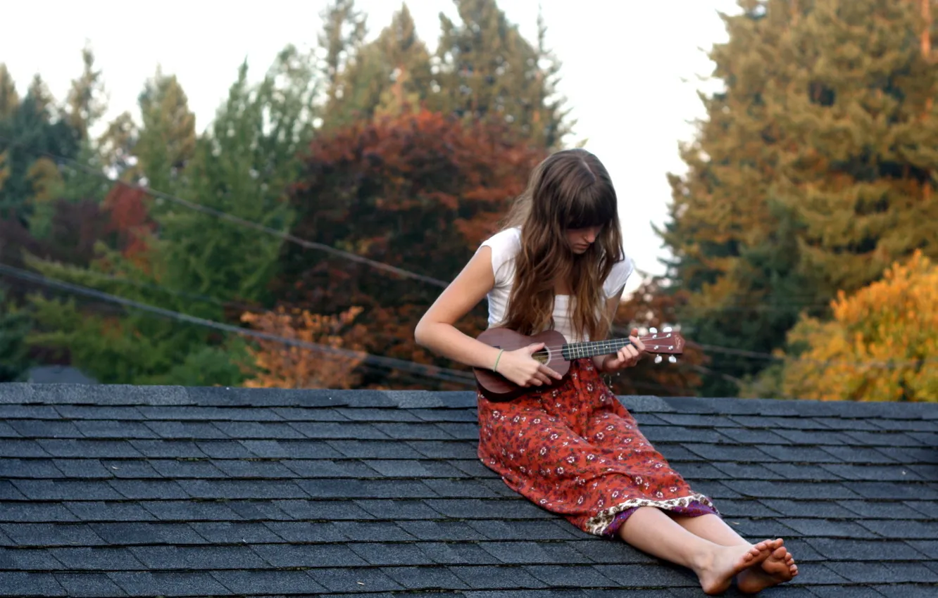 Photo wallpaper roof, girl, music, guitar