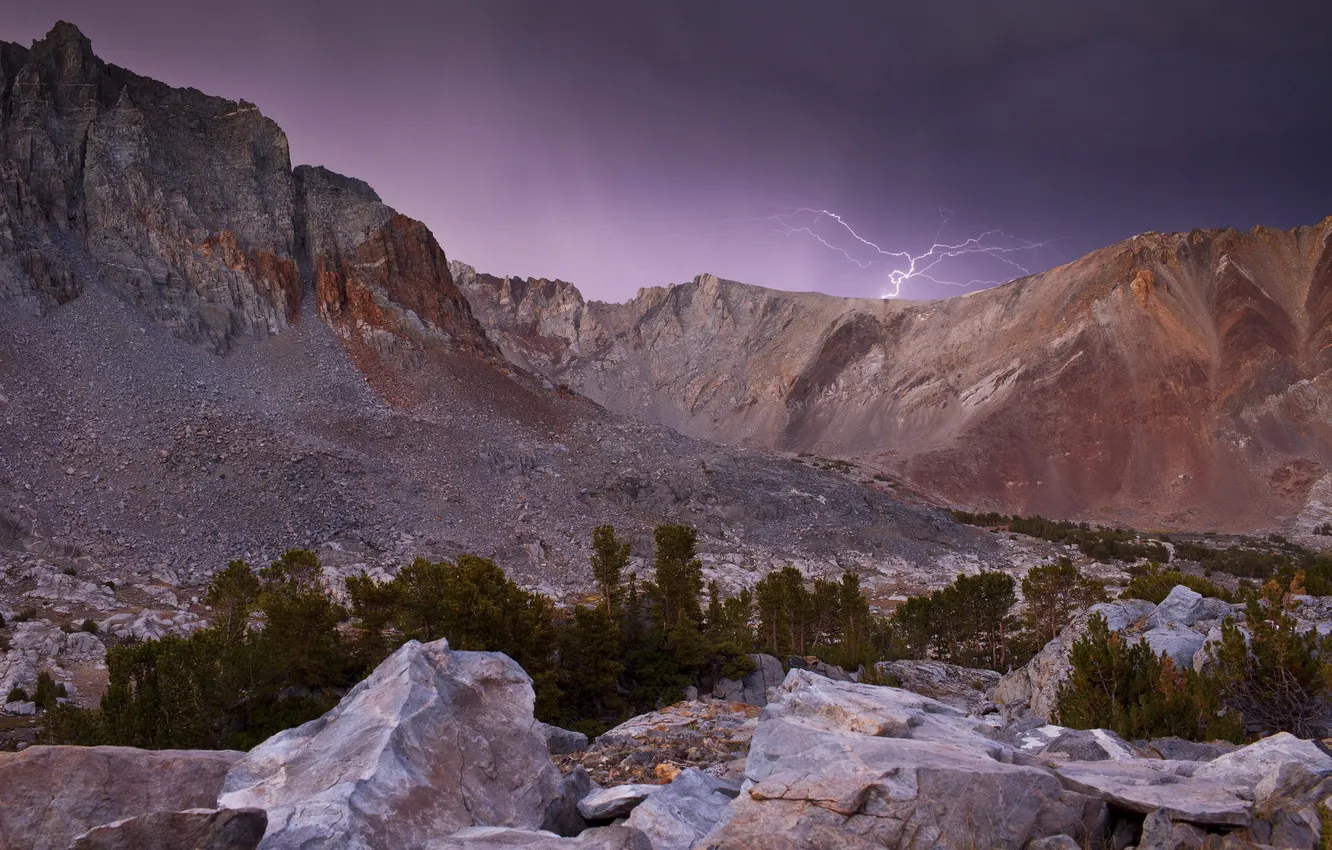 Photo wallpaper mountains, night, lightning