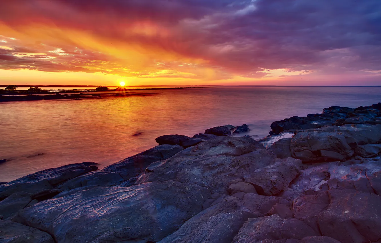 Photo wallpaper sea, clouds, sunset, stones