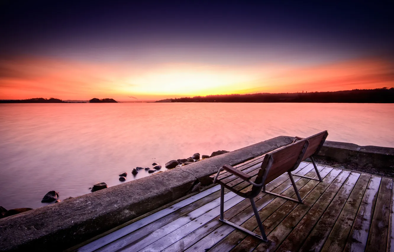 Photo wallpaper landscape, sunset, bench