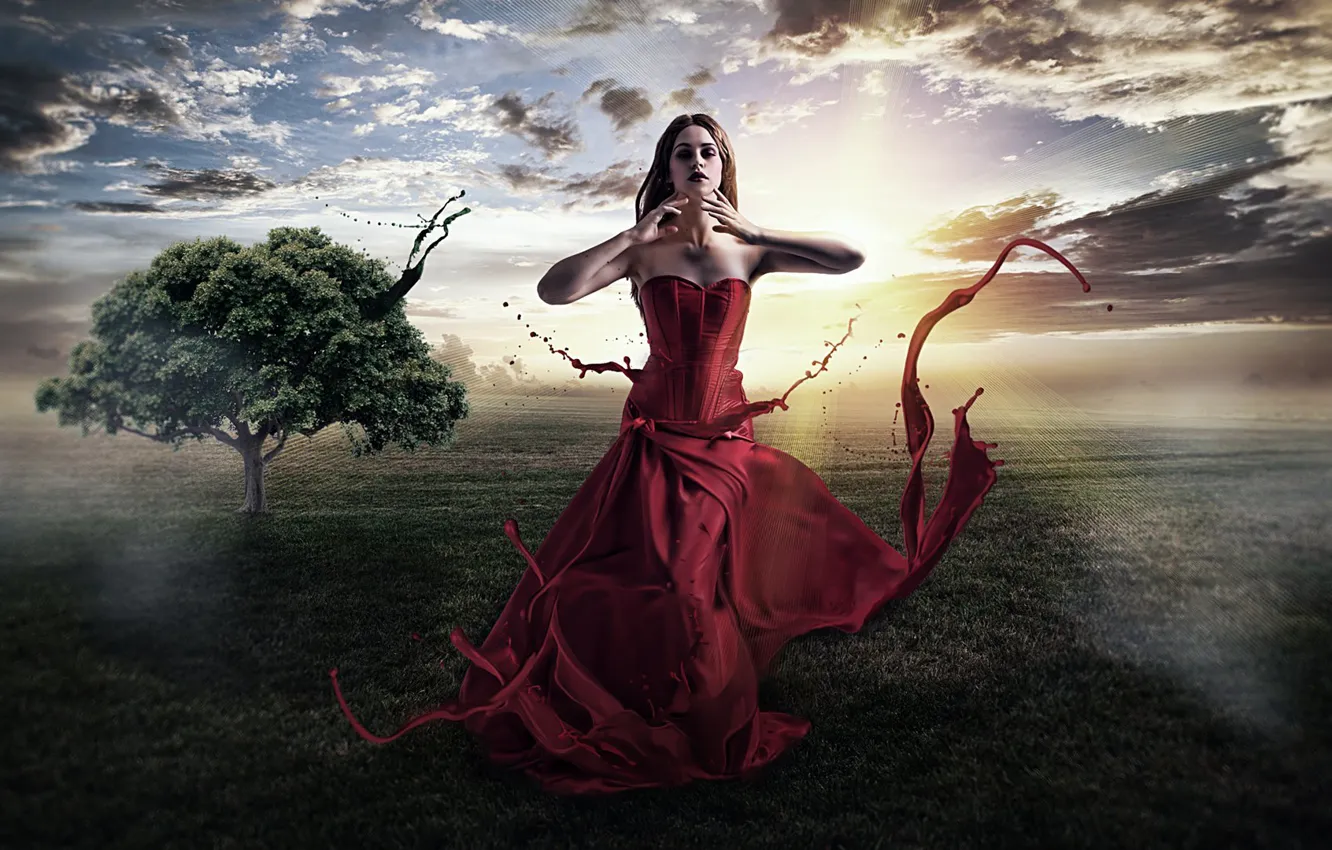 Photo wallpaper greens, girl, the sun, clouds, rays, trees, landscape, nature