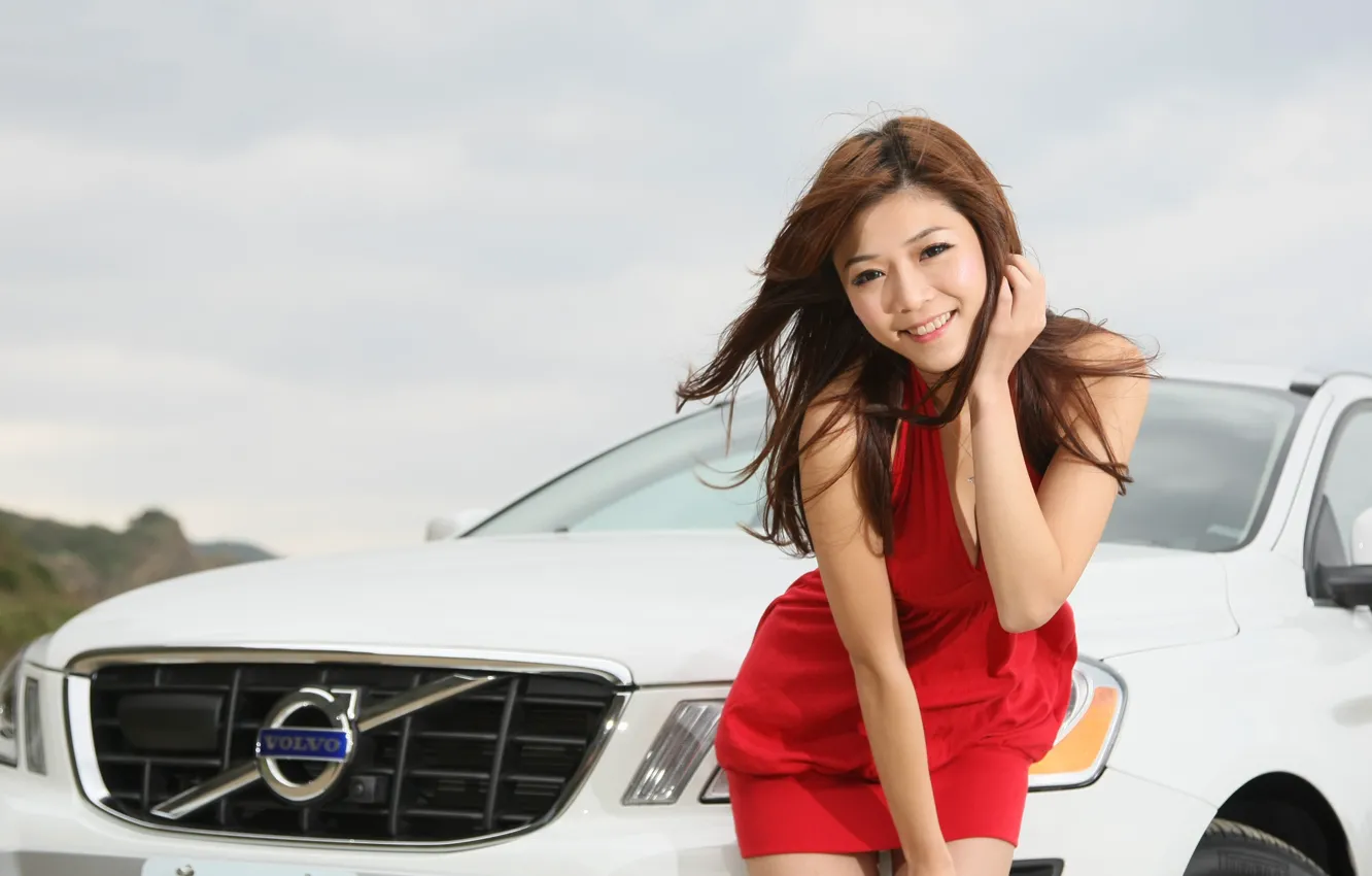 Photo wallpaper look, smile, Girls, Volvo, Asian, beautiful girl, white car, posing on the car