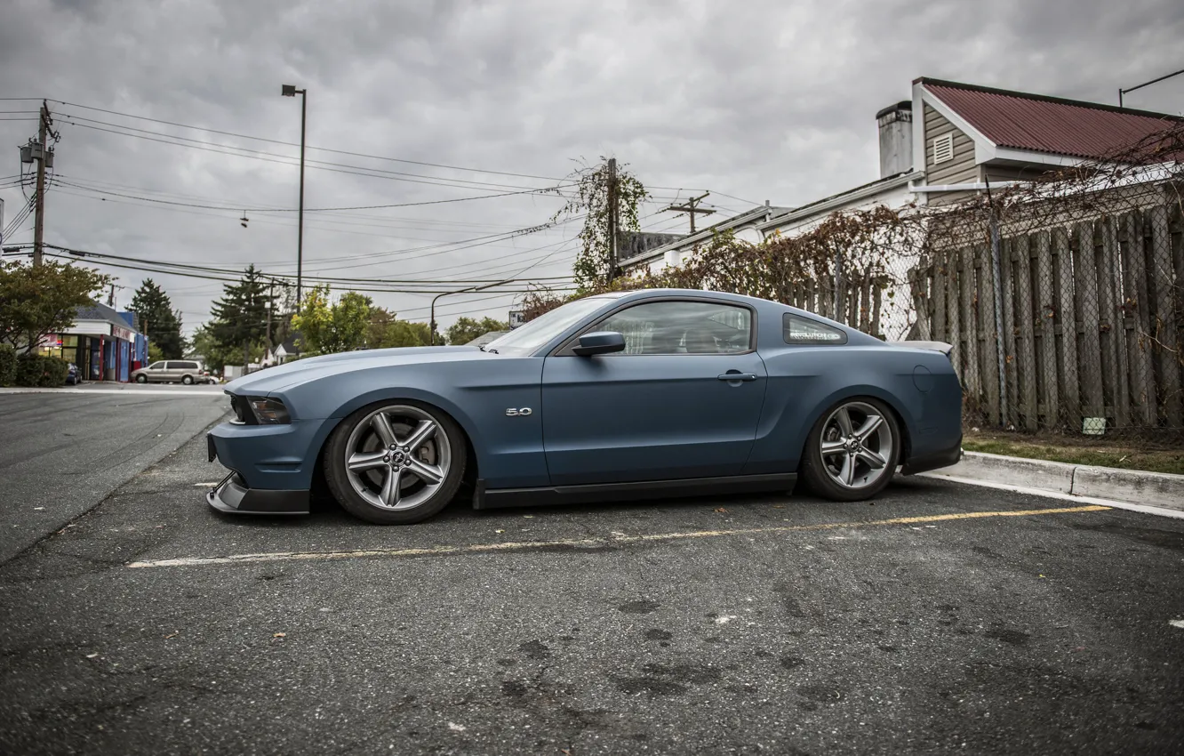 Photo wallpaper Mustang, Ford, Road, drives, chrome, blue, side