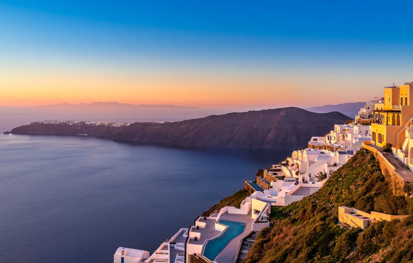 Photo wallpaper sea, landscape, sunset, mountains, nature, the city, shore, home