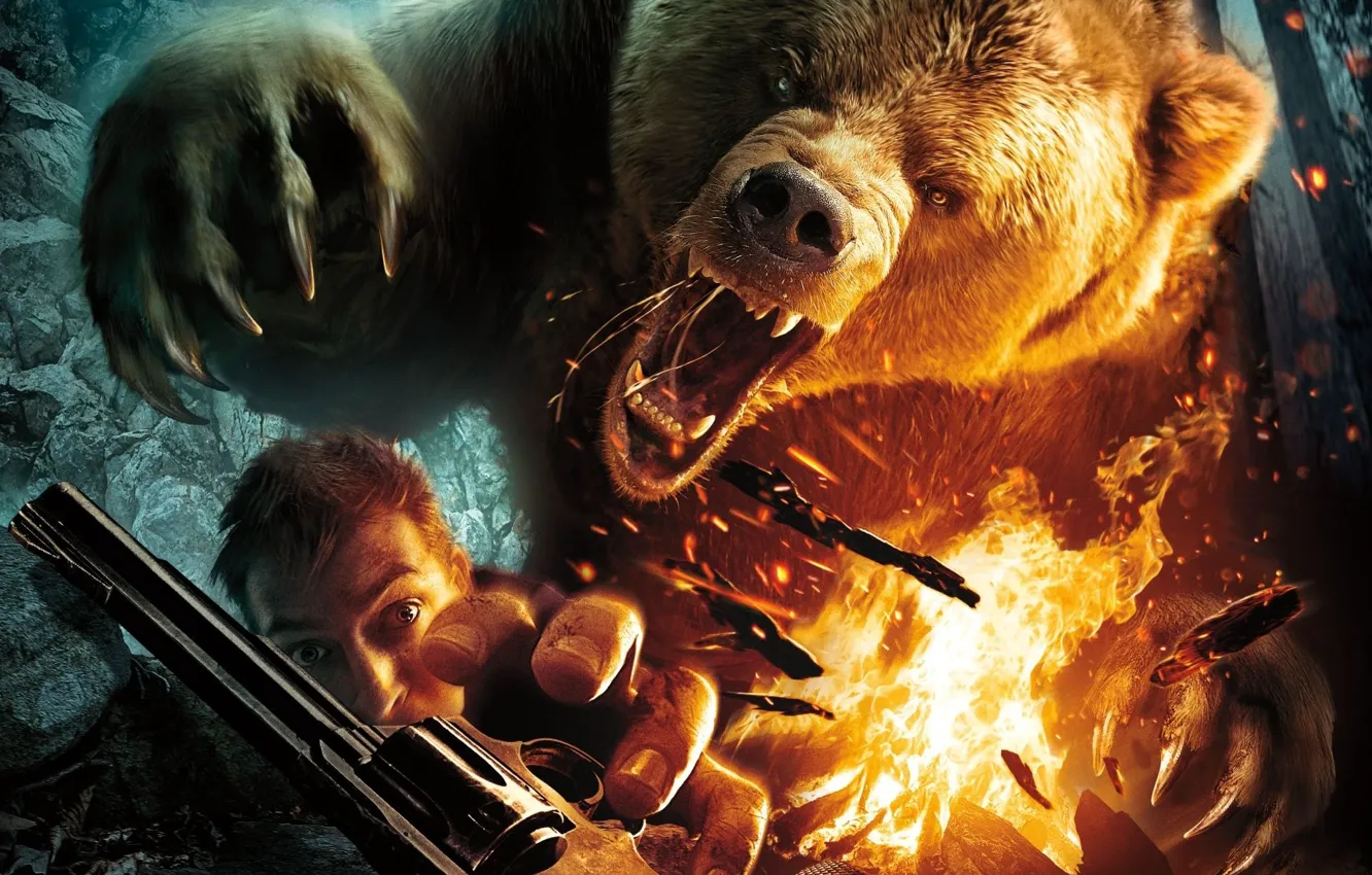 Photo wallpaper fire, man, revolver, grizzly, roar