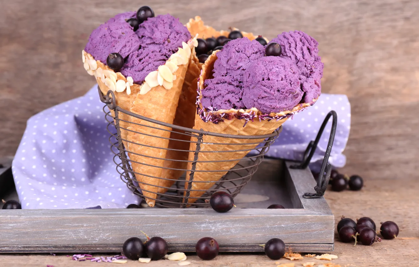 Photo wallpaper berries, ice cream, horn, dessert, currants, wafer, sweet, dessert