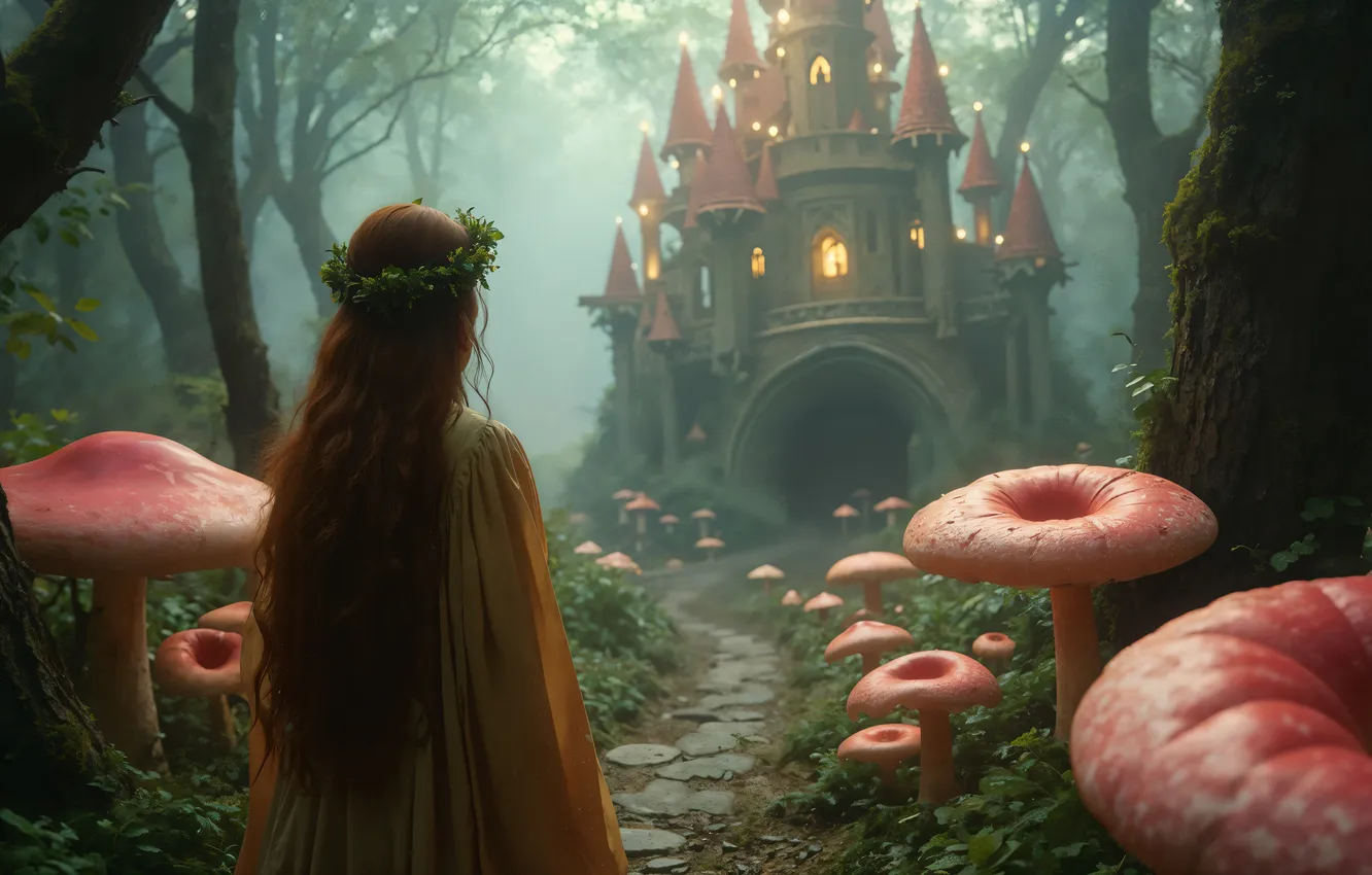 Photo wallpaper girl, lights, fog, castle, mushrooms, tale, fantasy, haze