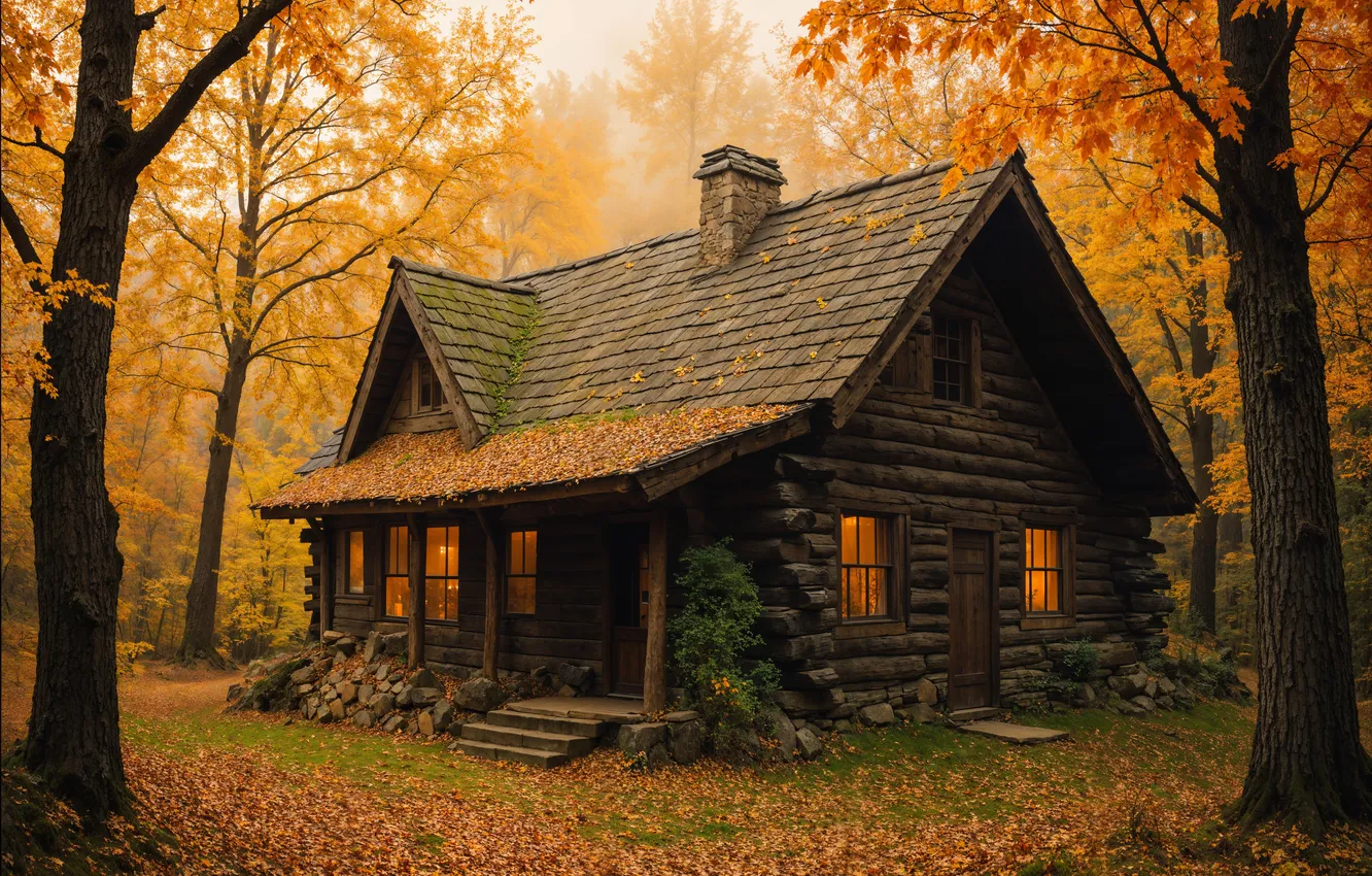 Photo wallpaper home, neural network, hut, AI art, trees, foliage, hut, forest